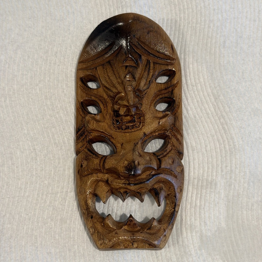 Vtg Hawaiian Hand Carved Bakunawa Monkey Pod Mask From The Monkey Pod Tree 6.25"